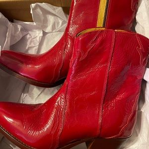 Free People New Frontier Western Red Leather Pointed Toe Mid Calf Boots